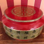 Large Chinese Vintage Red Lacquered Wooden Round Wedding box & lid with Script Large Chinese Vintage Red Lacquered Wooden Round Wedding box & lid with Script