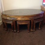 Vintage Asian carved Solid Wood Coffee Table With 6 Stools
