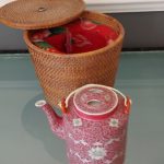 Pink Chinese Rose Porcelain Tea Pot In Padded Wicker Basket. Jingdezhen =D= Pink Chinese Rose Porcelain Tea Pot In Padded Wicker Basket. Jingdezhen =D=