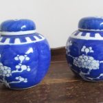 Two Chinese prunus pattern porcelain ginger jars blue double ring marks 4 inch Two Chinese prunus pattern porcelain ginger jars blue double ring marks 4 inch