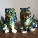 Pair Majolica Green Blue Mid Century Asian Chinese Porcelain Buddhist Foo Dogs Pair Majolica Green Blue Mid Century Asian Chinese Porcelain Buddhist Foo Dogs