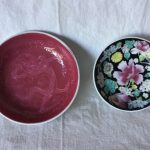 2 Chinese Porcelain Pin Dishes - Puce Dragon and Famille Noire Floral Design 20C 2 Chinese Porcelain Pin Dishes - Puce Dragon and Famille Noire Floral Design 20C