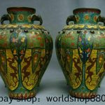 13.6" Qianlong Marked Old Cloisonne Enamel Bronze Palace Dragon Bottle Vase Pair 13.6" Qianlong Marked Old Cloisonne Enamel Bronze Palace Dragon Bottle Vase Pair