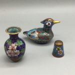 20th Century Chinese Cloisonne Thimble, Little Pot Bird Shaped & Small Vase 20th Century Chinese Cloisonne Thimble, Little Pot Bird Shaped & Small Vase