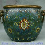 10" Qianlong Marked Antique Cloisonne Enamel Bronze Lion Head Ring Pot Jar Crock 10" Qianlong Marked Antique Cloisonne Enamel Bronze Lion Head Ring Pot Jar Crock