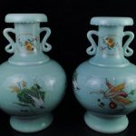 12.2" Qianlong Year Ru Kiln Porcelain Vegetable Praying Mantis Pot Vase Pair 12.2" Qianlong Year Ru Kiln Porcelain Vegetable Praying Mantis Pot Vase Pair