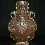 14.8" Qianlong Marked China Cloisonne Enamel Copper Flower Flat Bottle Vase 14.8" Qianlong Marked China Cloisonne Enamel Copper Flower Flat Bottle Vase