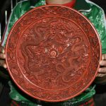 12" Qianlong Marked Old China red lacquerware Dynasty Dragon Ball Tray Plate 12" Qianlong Marked Old China red lacquerware Dynasty Dragon Ball Tray Plate