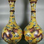 Antique Qianlong Bronze Cloisonne Enamel Dragon Pattern Bottle Pot Vase Pair Antique Qianlong Bronze Cloisonne Enamel Dragon Pattern Bottle Pot Vase Pair