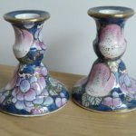 "TOYO" Pair Blue Fruits Temptation Hand Painted Porcelain Candlesticks 4" "TOYO" Pair Blue Fruits Temptation Hand Painted Porcelain Candlesticks 4"