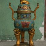 21" Qianlong Marked Bronze Gilt Cloisonne Lion Head Incense Burner Censer Set 21" Qianlong Marked Bronze Gilt Cloisonne Lion Head Incense Burner Censer Set