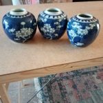 Chinese blue and white prunus ginger jars x 3 Chinese blue and white prunus ginger jars x 3