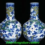 15" Qianlong Marked Color Porcelain Fly Dragon Loong Flower Vase Bottle Pair 15" Qianlong Marked Color Porcelain Fly Dragon Loong Flower Vase Bottle Pair