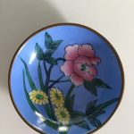 Chinese Blue/Yellow/Pink Hand Painted Floral Porcelain & Brass Wall Plate 60's Chinese Blue/Yellow/Pink Hand Painted Floral Porcelain & Brass Wall Plate 60's