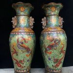 22'' Qianlong Marked Big Bronze Enamel Dragon Phoenix Bottle Vase Pair 22'' Qianlong Marked Big Bronze Enamel Dragon Phoenix Bottle Vase Pair