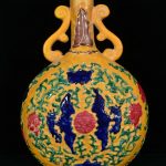 9.4" Qianlong Color Glazed Porcelain Double Ear Flat Vase 9.4" Qianlong Color Glazed Porcelain Double Ear Flat Vase