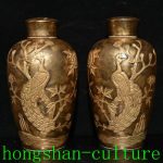 8.6" Old Qianlong Year Bronze Glaze Porcelain Peacock Pattern Bottle Vase Pair 8.6" Old Qianlong Year Bronze Glaze Porcelain Peacock Pattern Bottle Vase Pair