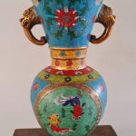 [116] Large & Heavy: Cloisonne Dragon Handled Bottle Wide Neck Vase
